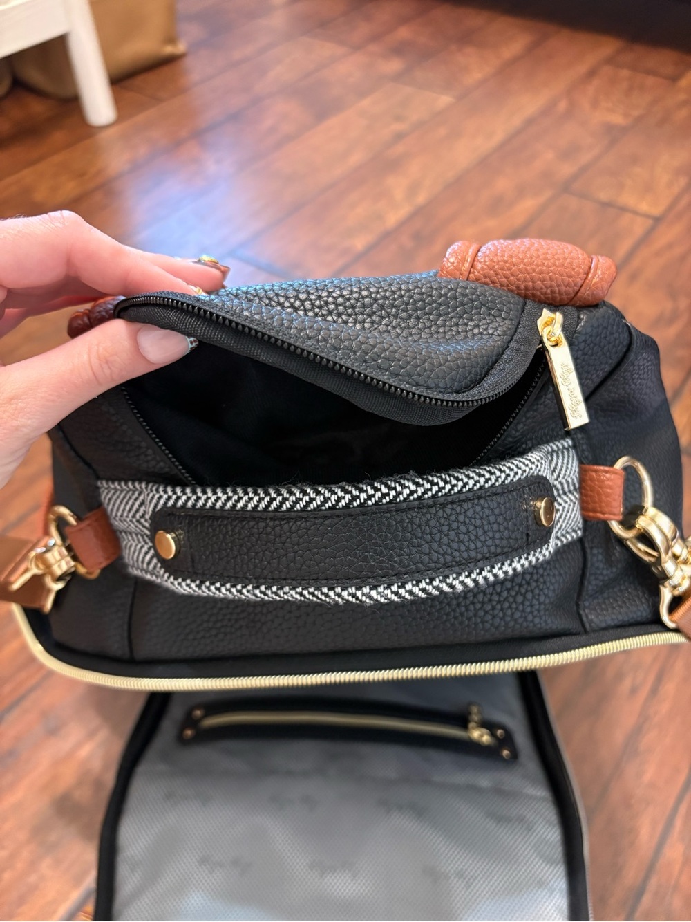 Itzy Ritzy Black Herringbone, White & Brown Backpack Purse - Picture 5 of 11